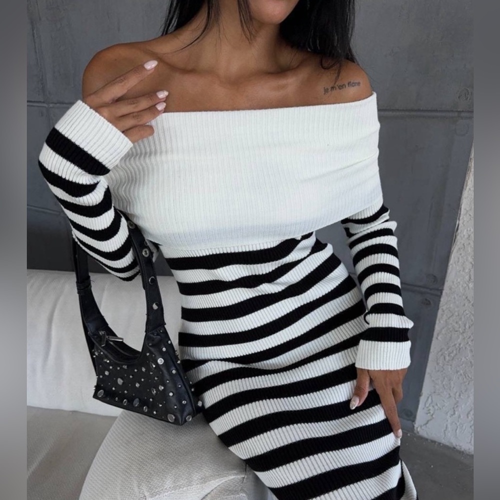 Black & White Long Sleeve Knitted Off Shoulder Sweater Tube Dress 🌹